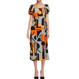 KARL LAGERFELD PARIS‎ Geometric Print Square Puff Sleeve Midi Dress Orange Black